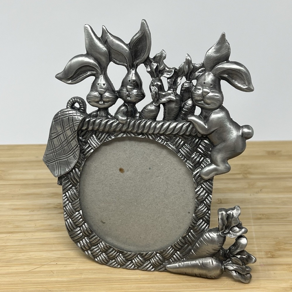 Pewter Easter Bunny Rabbit Picture Frame Carrot Basket weave Heavy 5"x6"